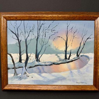 Framed Winter Landscape Painting by Mary Rogers, 1991	