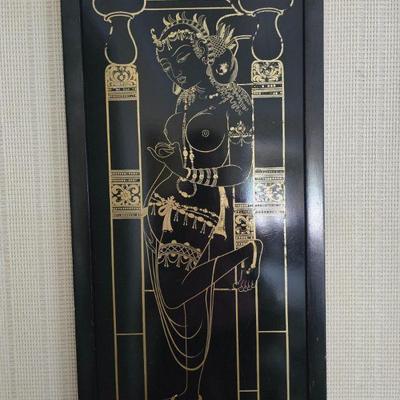 Gilded Apsara Dancer on Black Lacquer Panel – Thai Temple Style	