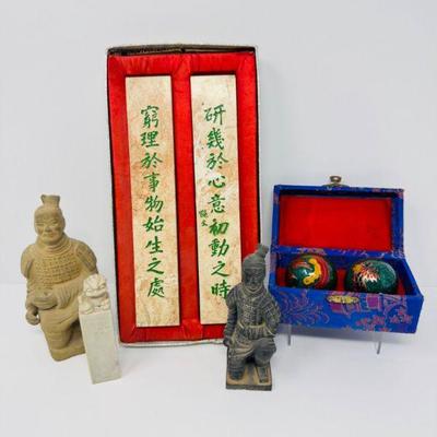 Chinese Decor Lot – Warriors, Baoding Balls & Carved Stone Plaques	