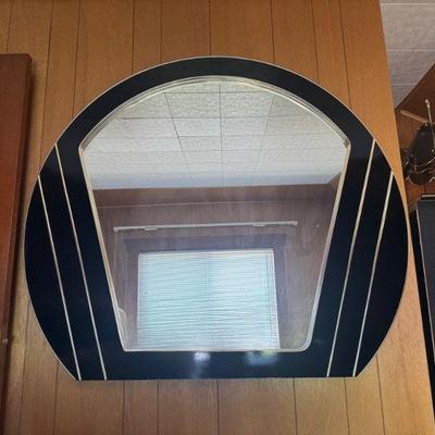 Vintage Style Fan-Shaped Wall Mirror w/ Black & Gold Geometric Frame	