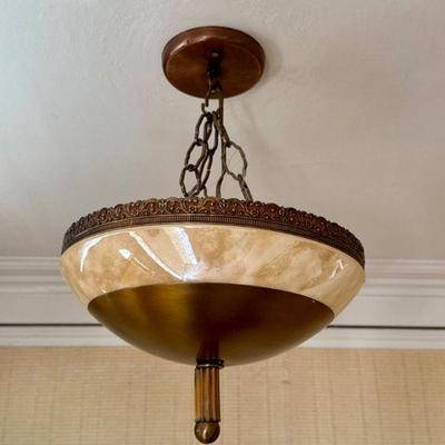 Vintage Hanging Bowl Light w/ Ornate Trim & Marbled Glass Shade	