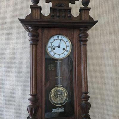 Antique Wall Clock w/ Art Nouveau Woman Pendulum & Roman Numerals	