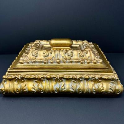 Large Ornate Gold & Velvet Lined Decorative Box w/ Raised Leaf Motif	