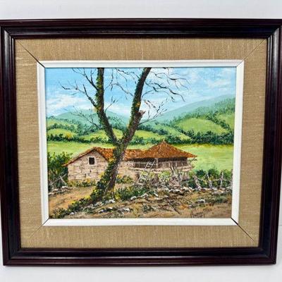 Framed Countryside Scene w/ Rustic Structure & Bare Tree, Signed	