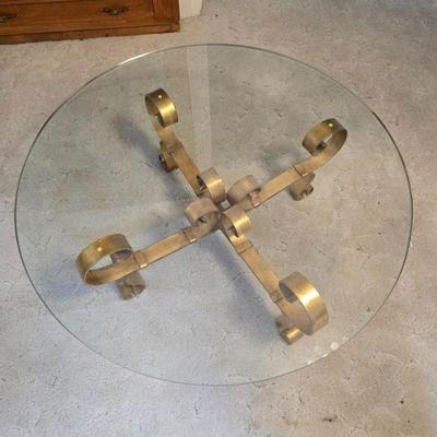 Round Glass Table w/ Ornate Gilded Metal Scroll Base	