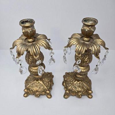 Pair of Ornate Brass Candlestick Holders w/ Crystal Prism Drops	