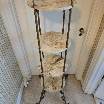 4-Tier Faux Marble Plant Stand w/ Twisted Metal Frame & Curled Feet	