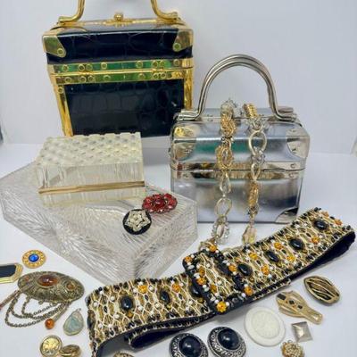 Vintage Vanity Cases, Buttons, Costume Jewelry, Belts, & More	