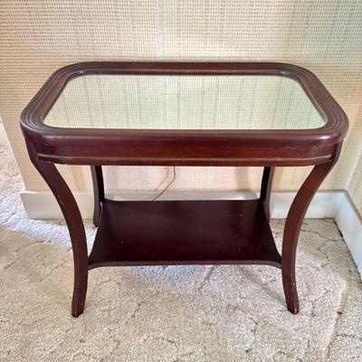 Wood Side Table w/ Glass Inset Top, Lower Shelf & Curved Legs	