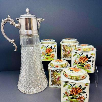 5 Daher Floral Tin Boxes + Diamond Point Glass & Silverplate Carafe	