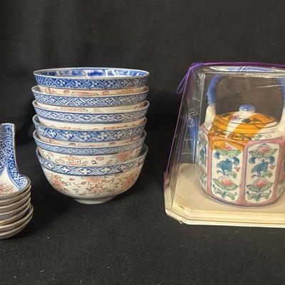 Rice Bowls, Spoons And Tea Pot