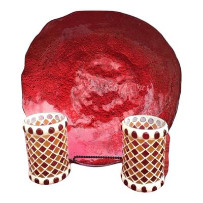 Red Bowl With 2 Mosaic Glass Candleholders