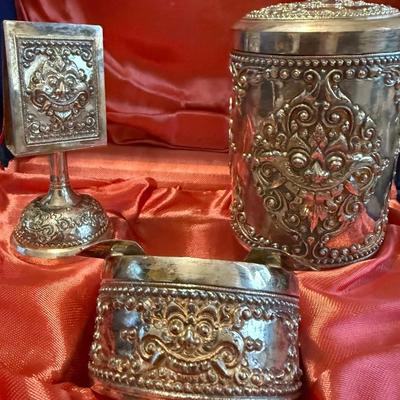 Vintage Indonesian Yogya 800 Silver Deluxe Smoking Set 3 Pieces 320g