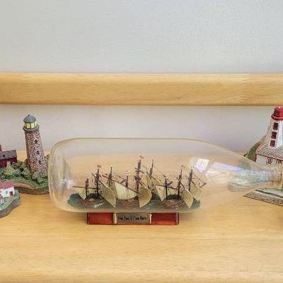 Ships In Bottle And Lighthouse Figurines