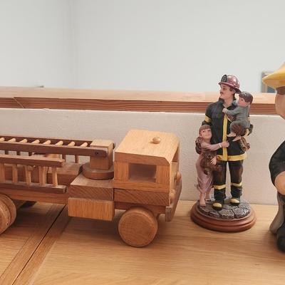 Firefighter Figurines And Wooden Truck
