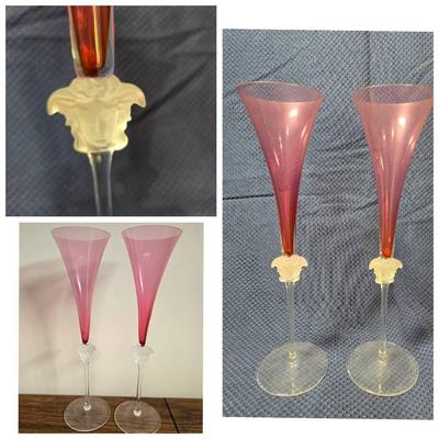 2 Versace Rosenthal Medusa Crystal Champagne Flutes
