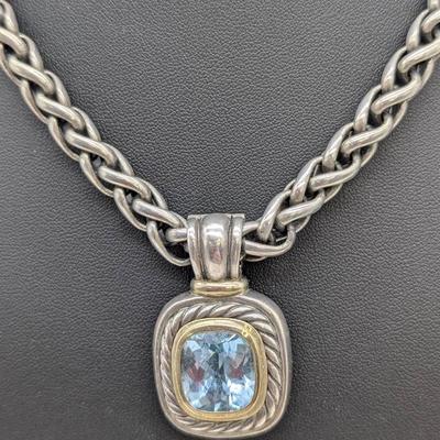 Sterling Silver, 14K Gold & Blue Topaz Necklace 