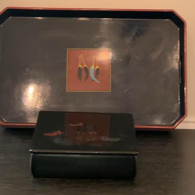 Three Asian Trays And Lidded Box