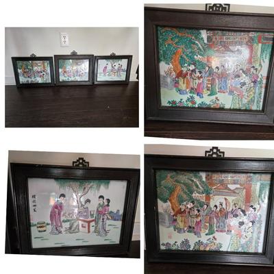 3 Pc Asian Art Paintings On Tiles