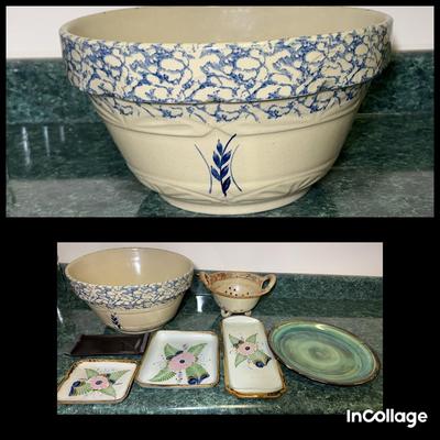 14 inch Roseville bowl and signed pottery