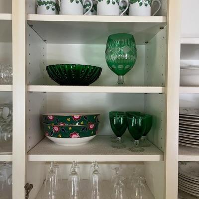 Green bowl and 2 green floral bowls. 
