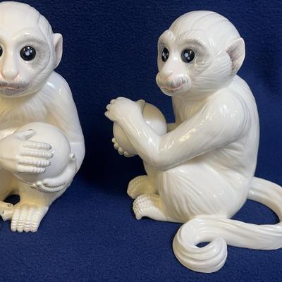 Ceramic Monkeys Holding Ball, Made In Italy, 2 Pcs