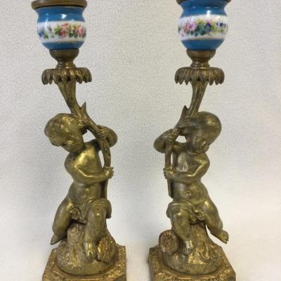 Brass Cherub Candle Holders With Enamel, Vintage, Pair