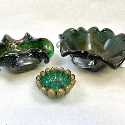 Murano Style Iridescent Ashtrays, Green & Gold Tones  3 Pcs