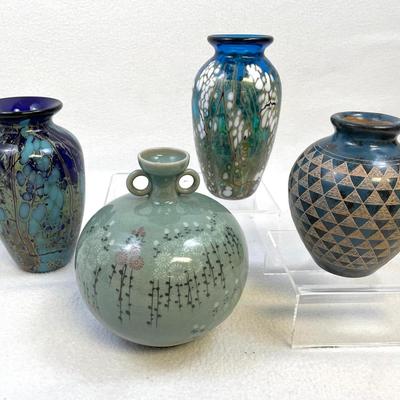 Decorative Vases:  Art Glass, Porcelain & Terracotta, Blue Tones, 4 Pcs