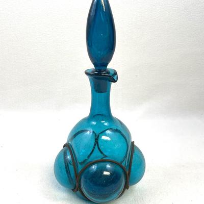 Mid Century Modern Decanter Blue Hand Blown “Caged” Design 
