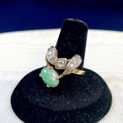 14k Gold Diamond Jade Ring