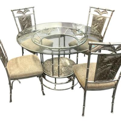 GLASS TOP PEDESTAL PALM TREE MOTIF DINING TABLE 
W/ 4 CHAIRS $500

Table Measures 30" High x 4ft Round. Chairs Measure...