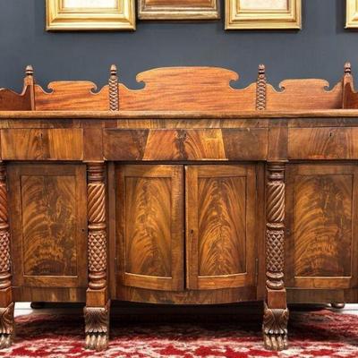 EXCEPTIONAL 19th C FLAME MAHOGANY SIDEBOARD QUERVILLE $3,500

Exceptional early 19th c. flame mahogany Classical carved sideboard....