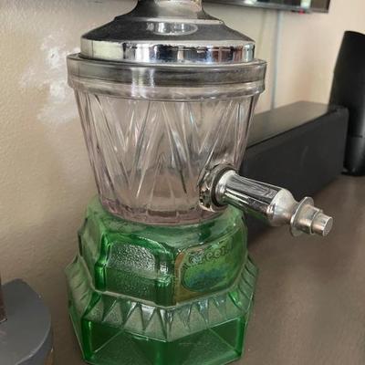  vintage Green River Depression Era Vaseline Glass Soda Syrup Dispenser. Green glass 