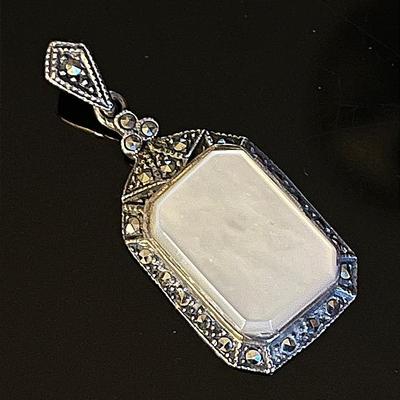 Edwardian Era 925 Sterling Mother of Pearl Marcasite Pendant 