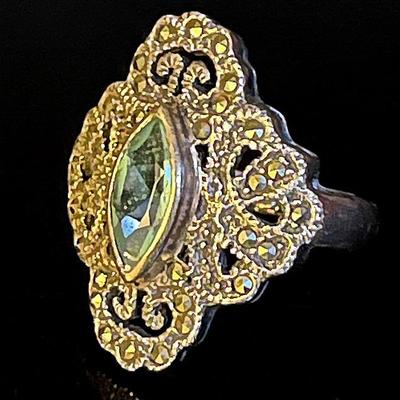 Edwardian Era 925 Sterling Marquis Aquamarine Marcasite Ring