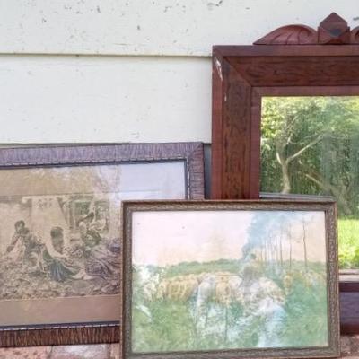 Antique Carved Walnut Mirror, Oak Mirror And Vintage Framed Prints
