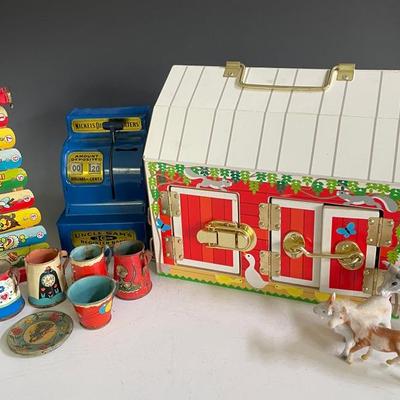 Melissa & Doug Latches Toy Barn, Uncle Sam’s Metal Bank With Vintage Tin Toys