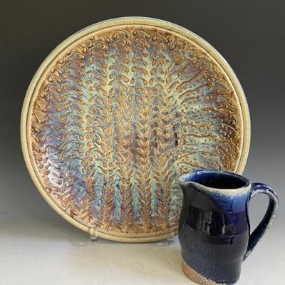 Hand Thrown and Signed Ceramic Platter with Blue Glazed Pitcher