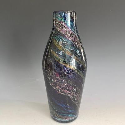 Claude Kurtz Studio Art Glass Cobalt Iridescent Vase, Signed and Dated