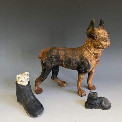 Iron Boston Terrier and Two Cats, Antique 