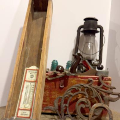 Vintage Wooden Box, Lantern, Tools, Hardware And Cast Iron Decor 