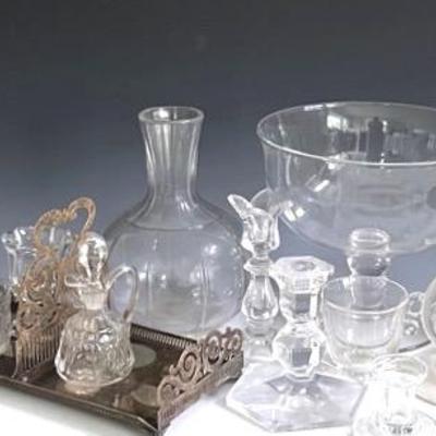 Vintage Glass Collectibles with Val St. Lambert, Metal Tray, Handblown Decanter and Heisey (2)