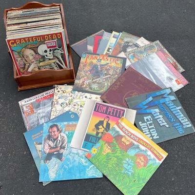 Vintage Vinyl Records (80) With Rock, Pop, Etc. In Wooden Holder