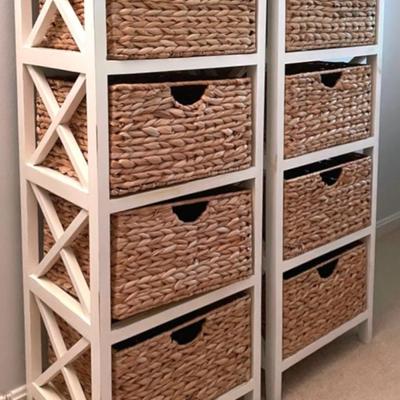 Pair Of 4-Tier Cross End Storage Shelves With Rattan Baskets