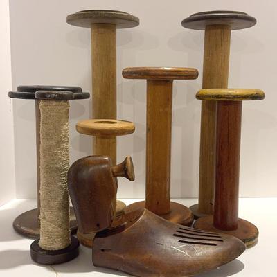 Vintage Wooden Spools With Wooden Shoe Form