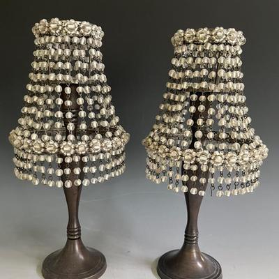 Pair of Vintage Beaded Crystal Shade Girondele Candleholders From the Nippert Estate