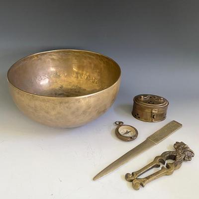 Brass Collectibles with Antique German Compass, Bowl 