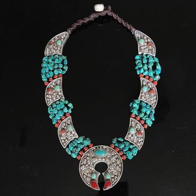 Tribal Nepalese Silver Turquoise Red Coral Spiny Oyster Necklace 