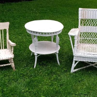 Vintage Wicker Table and Chair with Painted Oak Child’s Rocker